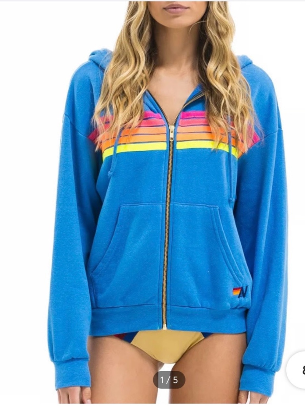 Aviator Nation Turquoise Zip Hoodie with Rainbow Chest Stripes